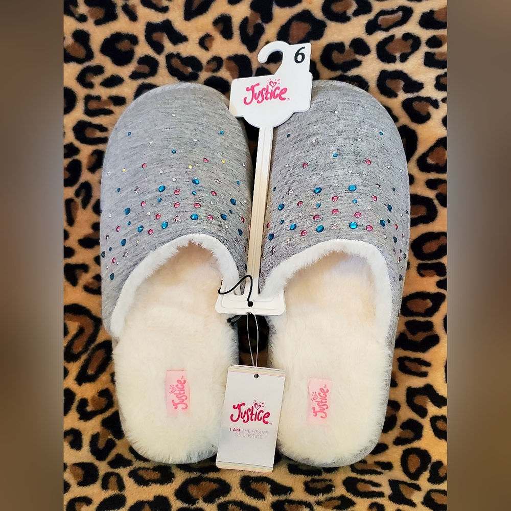 Justice Scuff Slippers 6 Big Girls Womens Grey Teal Pink Rhinestones NWT